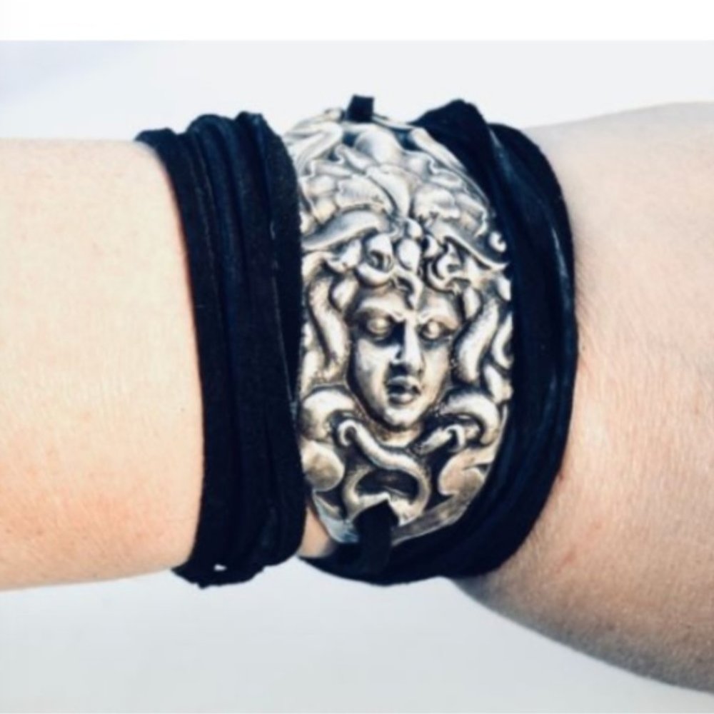Antique Sterling Silver Medusa Demon Cuff Bracelet - Picture 6 of 6